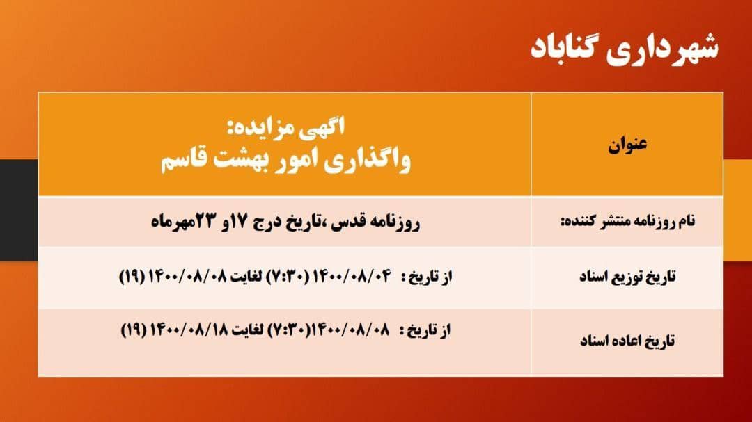 آگهی مزایده واگذاری امور آرامستان بهشت قاسم شهرداری گناباد
