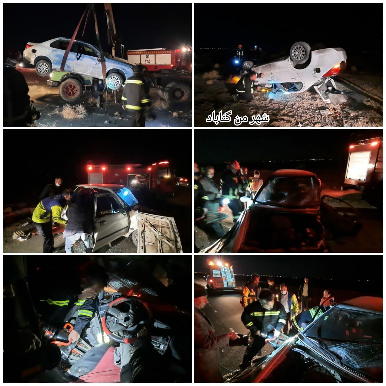  امداد رسانی آتش نشانان در حادثه برخورد شدید دنا و پراید