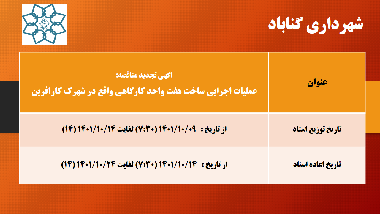  اگهی تجدید مناقصه ساخت هفت واحد کارگاهی شهرک کارافرین