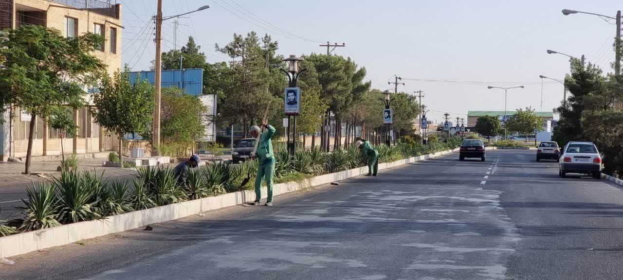 ادامه پاکسازی و حذف علف های هرز باغچه های معابر شهر